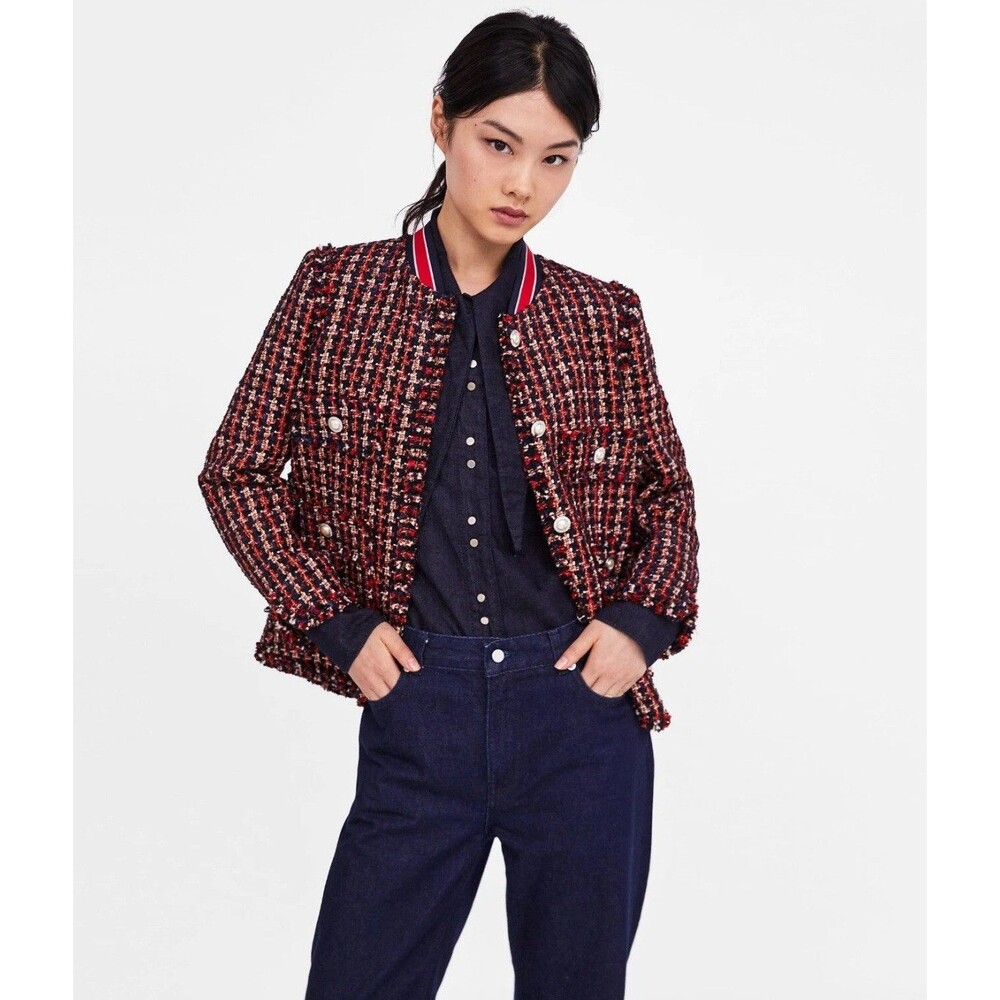 Zara Red Tweed Blazer Jacket With Striped Details Sz M Pearl Like Buttons - Picture 13 of 15